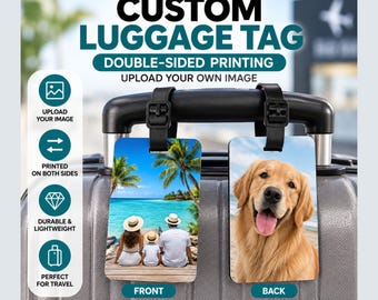 May include: Two rectangular custom luggage tags with black adjustable straps attached to a suitcase handle. One tag displays a family of three on a beach, while the other shows a golden retriever. Text includes CUSTOM LUGGAGE TAG and DOUBLE-SIDED PRINTING.