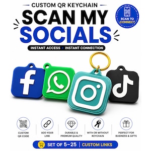 May include: A set of custom QR code keychains featuring social media logos: Facebook (blue), WhatsApp (green), Instagram (teal), and TikTok (black). Each keychain has a unique design and a gold-coloured keyring. The text "SCAN MY SOCIALS" is displayed.