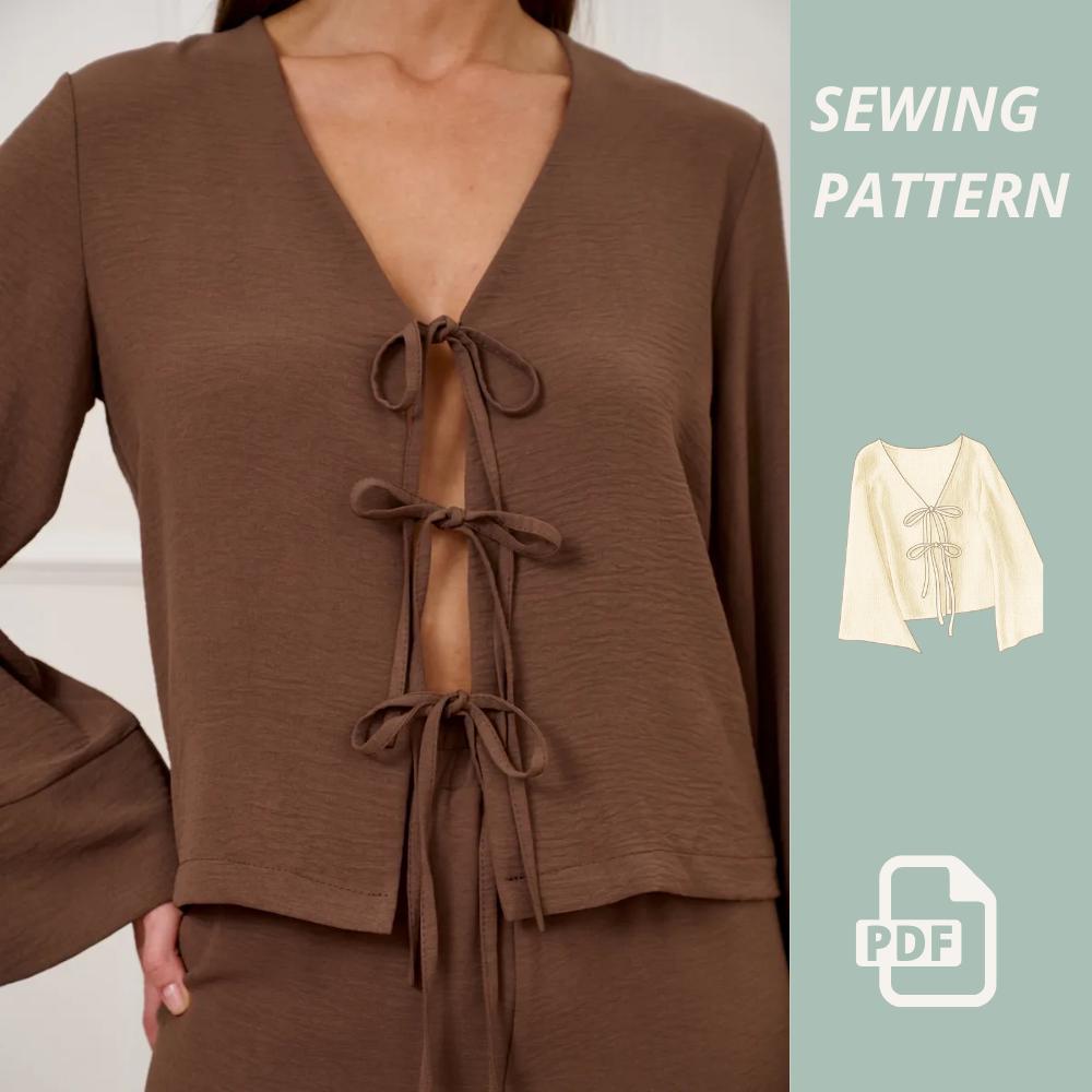Women’s Tie Front Top Sewing Pattern PDF, Long Sleeve V-neck Blouse ...