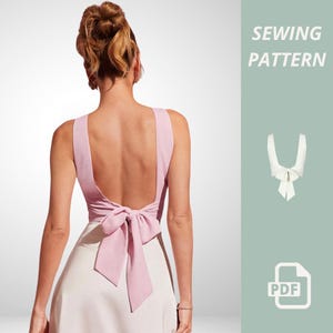 May include: A light pink backless top with a large bow at the waist. The top is paired with a cream-colored skirt. The image also includes a sewing pattern graphic and the text "SEWING PATTERN".