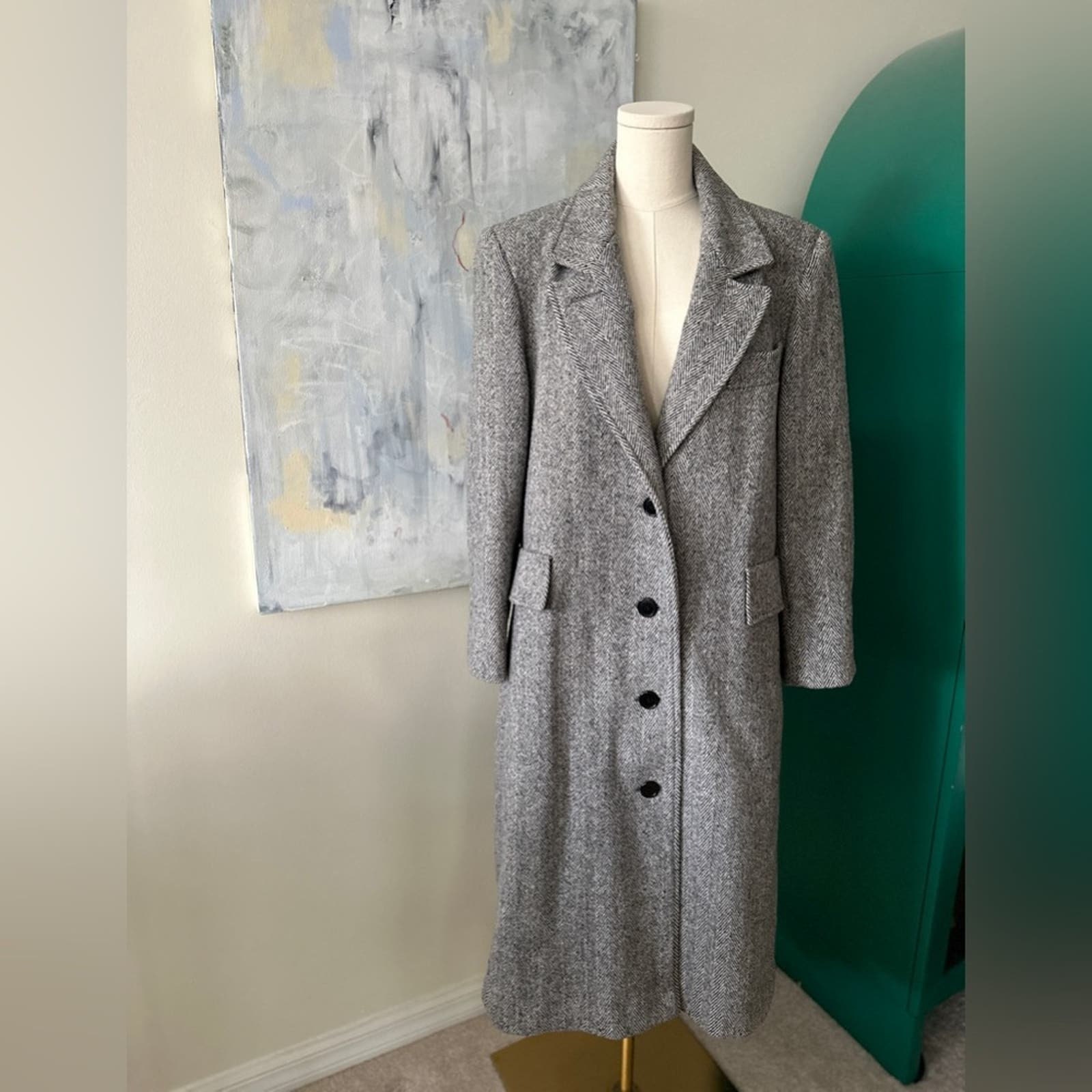 ジャケット・アウター HAND MADE herringbone over wool coat Giacca Womens Coat Herringbone Wool Blend Button Front