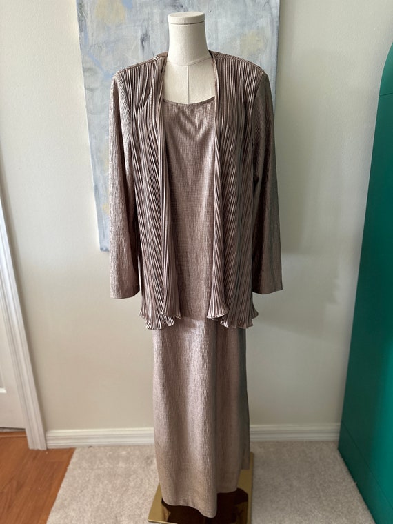 Vintage 1980s Pleated Pewter Dress and Jacket Set