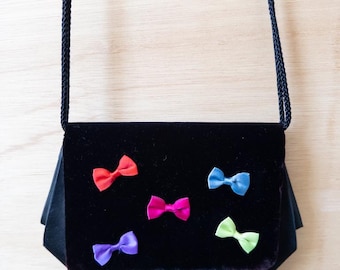 Black Velvet Crossbody 80s Bag with Colorful Bows