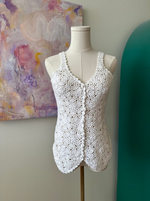 Vtg Express Tricot White Crochet Vest