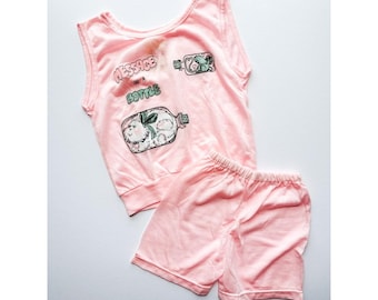 ヴィンテージ「メッセージ・イン・ア・ボトル」猫とネズミのタンクトップ、ショートパンツ、パジャマセット、スリープウェア