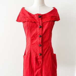 Vintage Disorderly Conduct Red Denim off the shoulder Dress