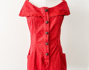 Vintage Disorderly Conduct Red Denim off the shoulder Dress