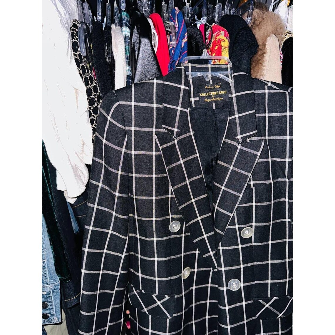 Women's Plaid Blazer 2Mock Pokets,Black/White main image 1