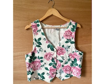 Vintage Why Not Floral Vest Top Womens Pink Green White Rose Print Sleeveless