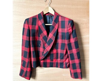 Vintage Red Black Plaid Double Breasted Cropped Blazer Jacket Women Size 4