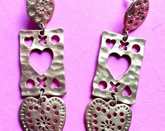 Brass Heart Stamped Drop Earrings