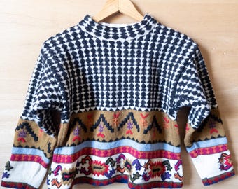 Vintage Wool Knit Mixed Pattern Mockneck Sweater
