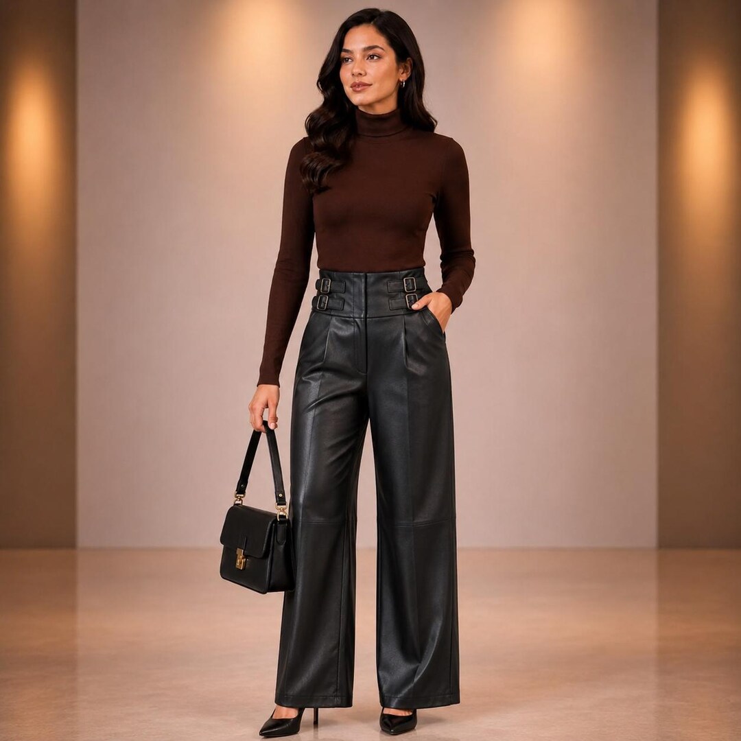 Women’s Real Leather High Waist Wide Leg Pants With Buckle Detail - Etsy