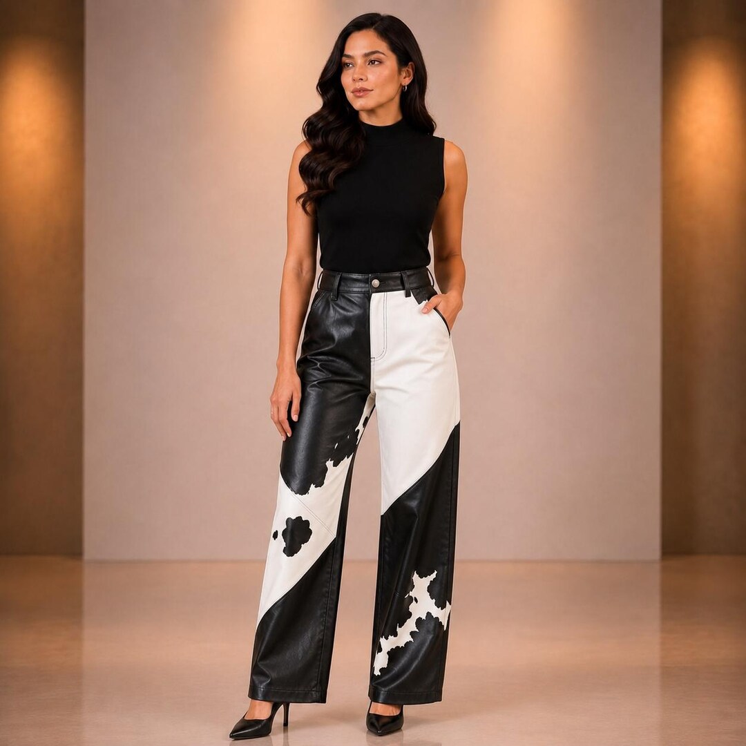 Women’s Black White Cowhide Leather Wide Leg Fashion Pants - Etsy