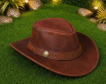Brown Leather Cowboy Hat Western Outback Style Hat for Men and Women