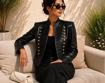 Women's Black Genuine Leather Military Style Cropped Jacket Gold Button Coat