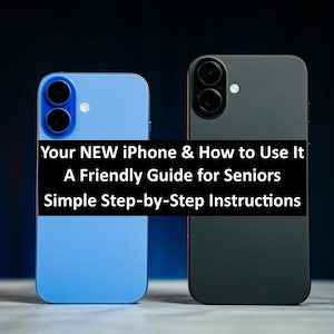 May include: Two smartphones, one light blue and one dark gray, are displayed against a dark background. The light blue phone is on the left, and the dark gray phone is on the right. A black banner across the phones reads: "Your NEW iPhone & How to Use It..."