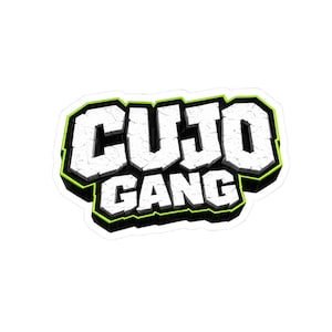 May include: A die-cut sticker featuring the text CUJO GANG in a bold, white, cracked stone-like font. The letters have a thick black 3D shadow effect and are outlined with a vibrant lime green border against a clean white background.