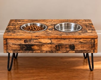 Raised Dog Bowl Stand with 2 Bowls, Reclaimed Bourbon Barrel Wood, Rustic Pet Feeder