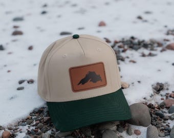 Lake Superior Outline Baseball Cap, Leather Patch Rectangle