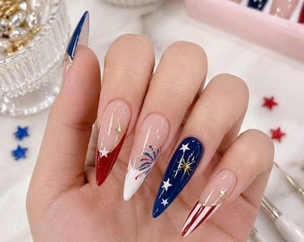 4th of July Press On Nails Firework Star Design Patriotic Nails Red White Blue French Tip Cute Summer Reusable Glue On Nail Set