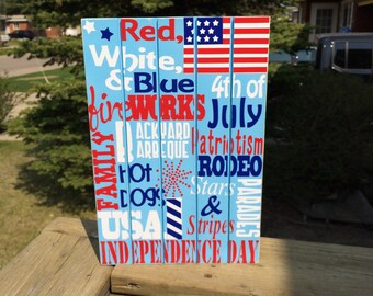 Fourth of July wooden sign, american wooden wall art, subway wooden wall hanging, independence day home decoration, red white and blue decor