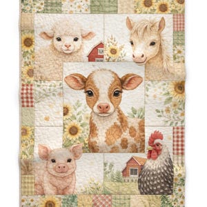 Farm Baby Animals Patchwork Blanket | Cow Pig Lamb Foal Chicken Sunflower