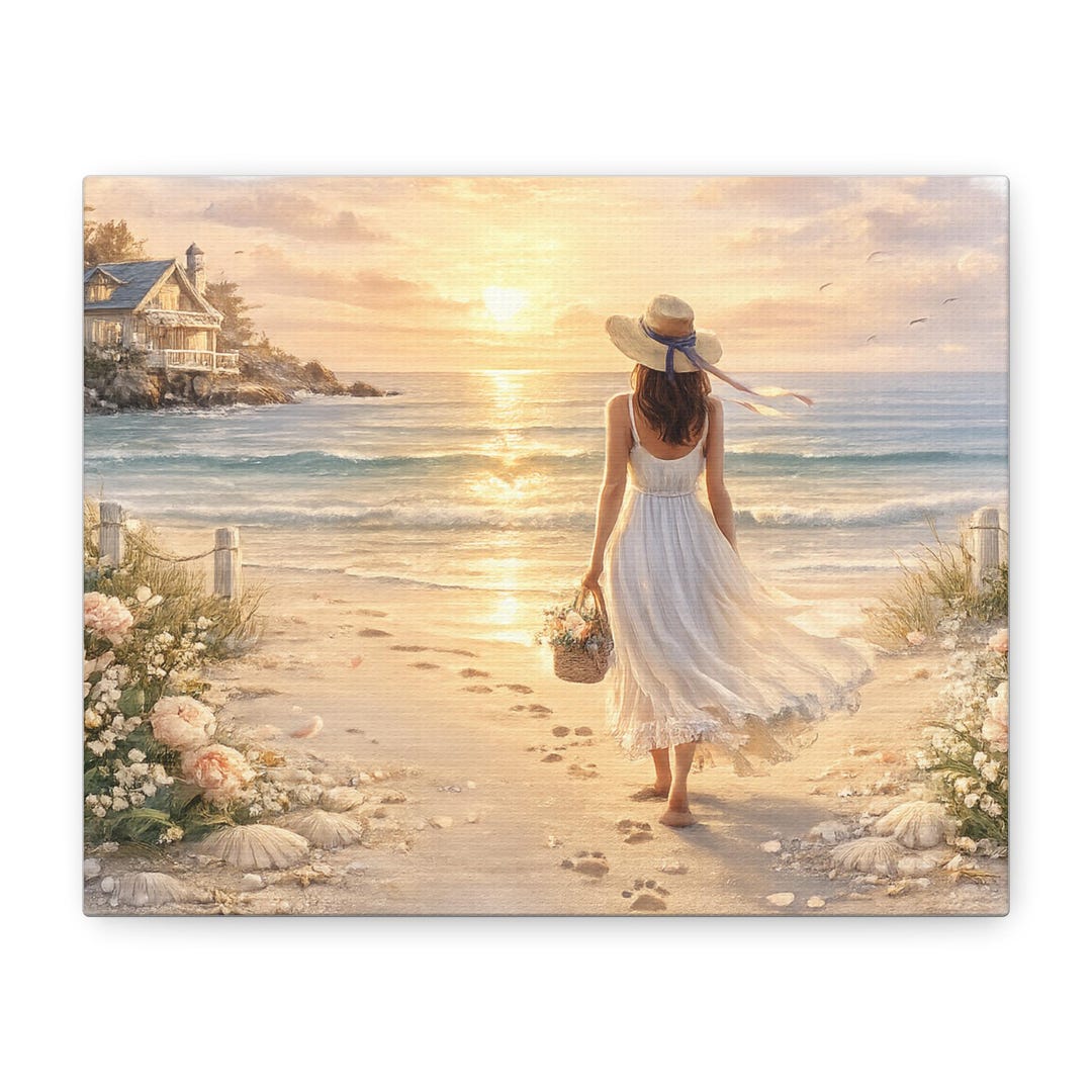 Woman Walking on Beach Canvas | Coastal Sunset Seaside Wall Art - Etsy