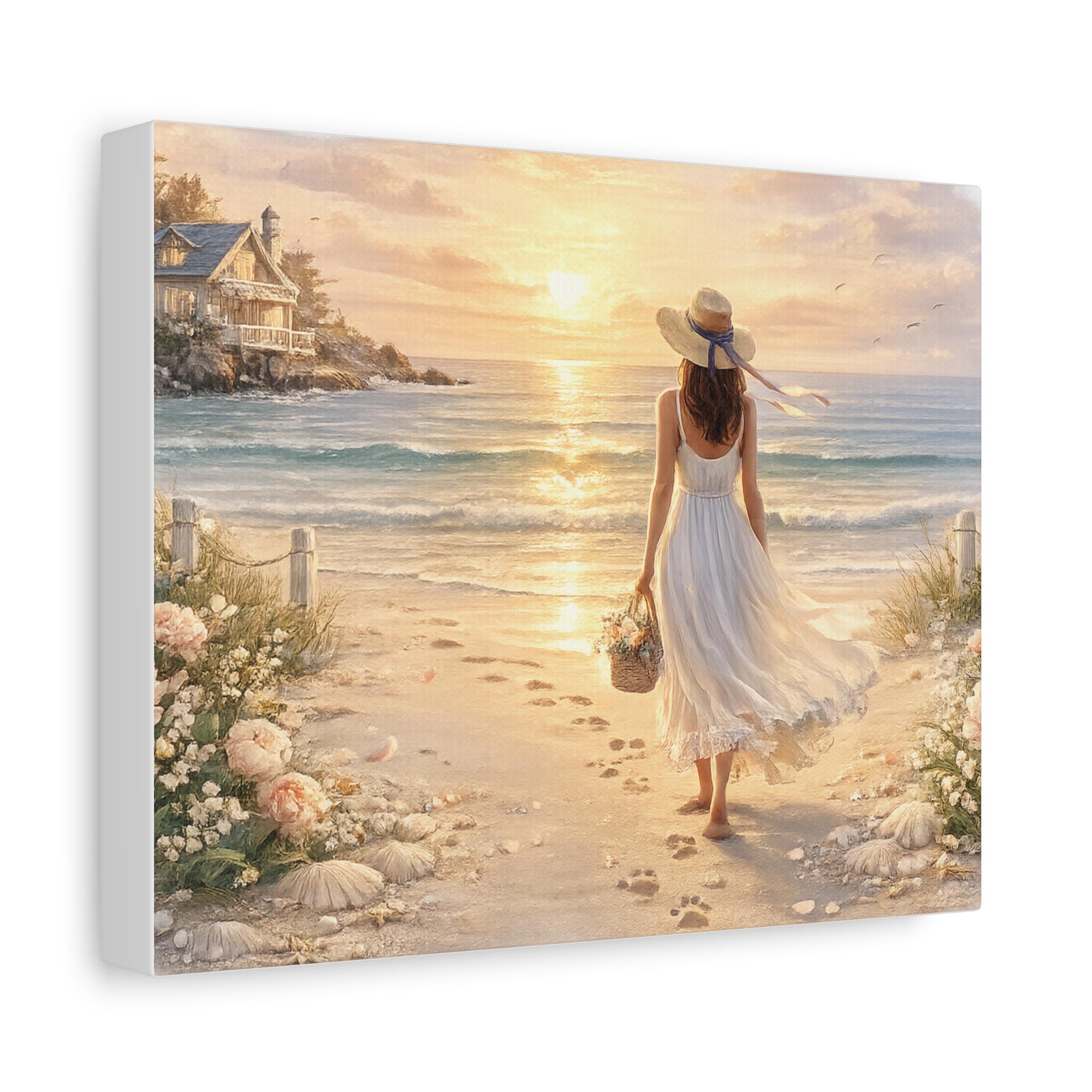 Woman Walking on Beach Canvas | Coastal Sunset Seaside Wall Art - Etsy