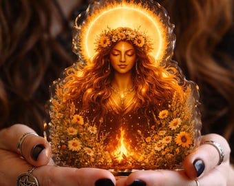 Figura acrílica de la diosa Litha, estatua del solsticio de verano, decoración de la diosa solar, decoración de altar pagano, arte de la diosa del sol con temática de brujería.