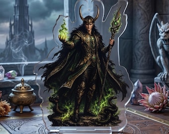 Estatua acrílica de Loki, decoración de dios nórdico, figura acrílica de dios embaucador, arte gótico fantástico de llama verde, decoración de altar mitológico