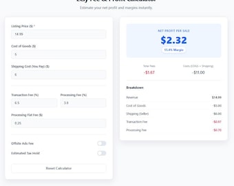 Etsy Profit & Loss Calculator – Net Profit Per Sale After Fees