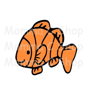 May include: Orange cartoon clownfish illustration with black outlines. The fish has a smiling face and is set against a white background. The design is simple and suitable for various applications.