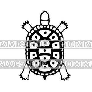 May include: Black and white illustration of a turtle. The turtle has a detailed shell with geometric patterns and visible legs, head, and tail. The design is symmetrical and centered.