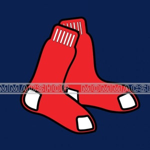 May include: Red socks with white accents, a classic design on a navy blue background. The socks are arranged in a crossed pattern. The image has the text "MOMMACSHOP" in white.