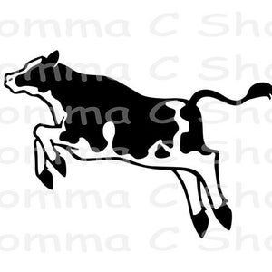 May include: Black and white silhouette of a cow jumping in mid-air. The cow has a spotted pattern and is facing left.