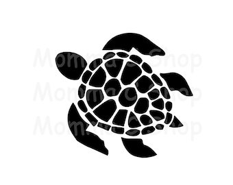 May include: Black silhouette of a sea turtle with a detailed shell pattern.