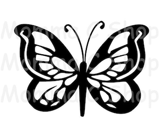 May include: A black and white butterfly illustration. The butterfly has detailed wing patterns and delicate antennae. The design is symmetrical, with the wings spread wide. The image is a simple, graphic representation of a butterfly.