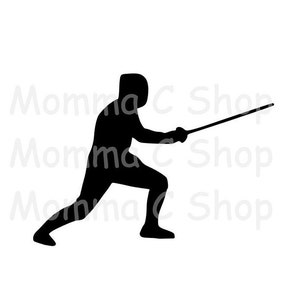 May include: A black silhouette of a fencer in a dynamic pose, holding a foil. The fencer is in a lunging stance, with one leg extended and the other bent. The image is set against a white background.
