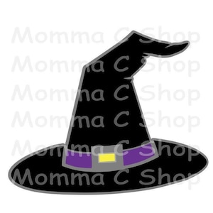 May include: A black witch's hat with a wide brim and pointed crown. The hat features a purple band with a yellow buckle and a gray strap. The text "Momma C Shop" is visible on the image.