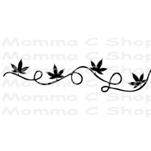 May include: Black line art design featuring cannabis leaves and a swirling vine. The design includes four cannabis leaves along a curved line with loops and swirls. The text "Momma C Shop" is repeated in the background.