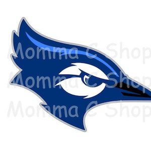May include: A blue and white stylized illustration of a bird's head with a sharp beak. The bird's eye is white with a black pupil.