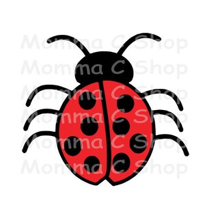 May include: A cartoon illustration of a ladybug with a red body and black spots. The ladybug has black antennae and legs. The text "Momma C Shop" is repeated in the background.
