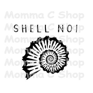 May include: Black and white graphic featuring a stylized ammonite fossil with the text "SHELL NO!". The design is a bold, minimalist statement, perfect for coastal or nature-themed decor.