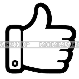 May include: A black and white thumbs-up icon. The hand is outlined in thick black lines, with the thumb pointing upwards. The background is white. The image is a simple graphic, often used to represent approval or agreement.