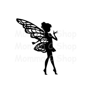 May include: Black silhouette of a fairy with detailed wings, a bun hairstyle, and a flowing dress. The fairy is posed with one arm extended, as if casting a spell. The image is set against a white background.