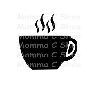 May include: A black silhouette of a coffee cup with steam rising from the top. The cup has a handle on the right side. The words "Momma C Shop" are printed in a repeating pattern around the cup.
