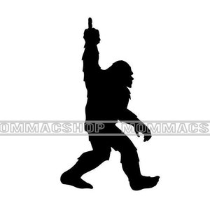 May include: Black silhouette of a Bigfoot or Sasquatch standing on one leg and raising its other leg in the air, pointing with its index finger.