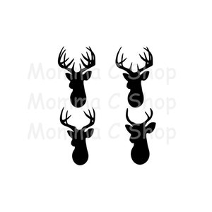 May include: Four black deer head silhouettes with detailed antlers against a white background. The deer heads are in different poses, showing various antler shapes and sizes. The image is simple and graphic.