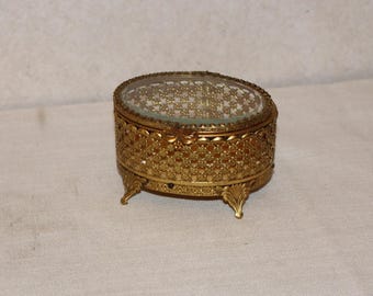 Vintage Gold Tone Filigree Oval Jewelry Box Casket